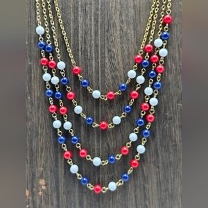 60's Red White Blue Beaded Necklace 4 Strand Gold Tone Bib Statement Costume VTG